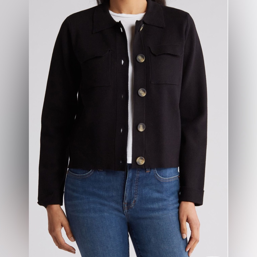 Tahari Collar Button Front Cardigan Knit Sweater Jacket Navy Lightweight Office